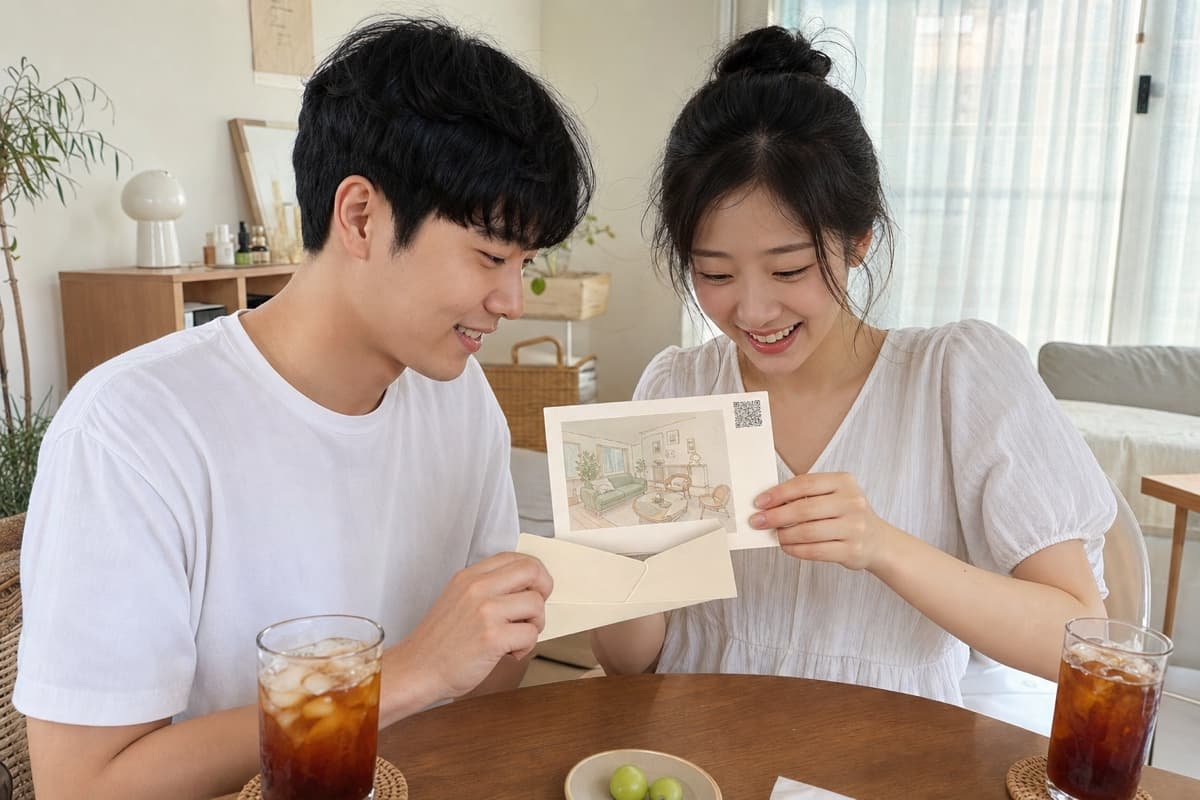 봉투를 함께 뜯는 장면 — 컨셉