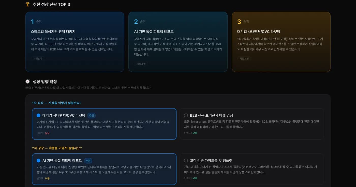 BizForge 산출물 — 추천 성장 전략 세 개와 그 근거